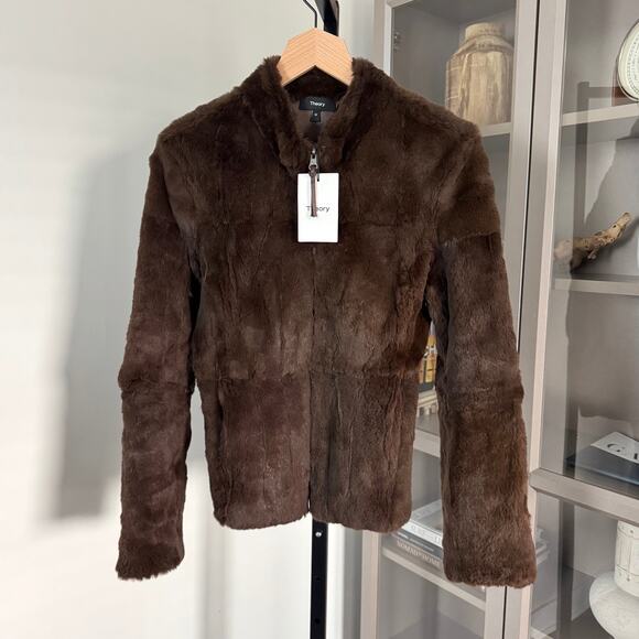 Theory Rabbit Fur Brown Reversible Satin Jacket M NEW Slim Sample Full Zip - Picture 1 of 6